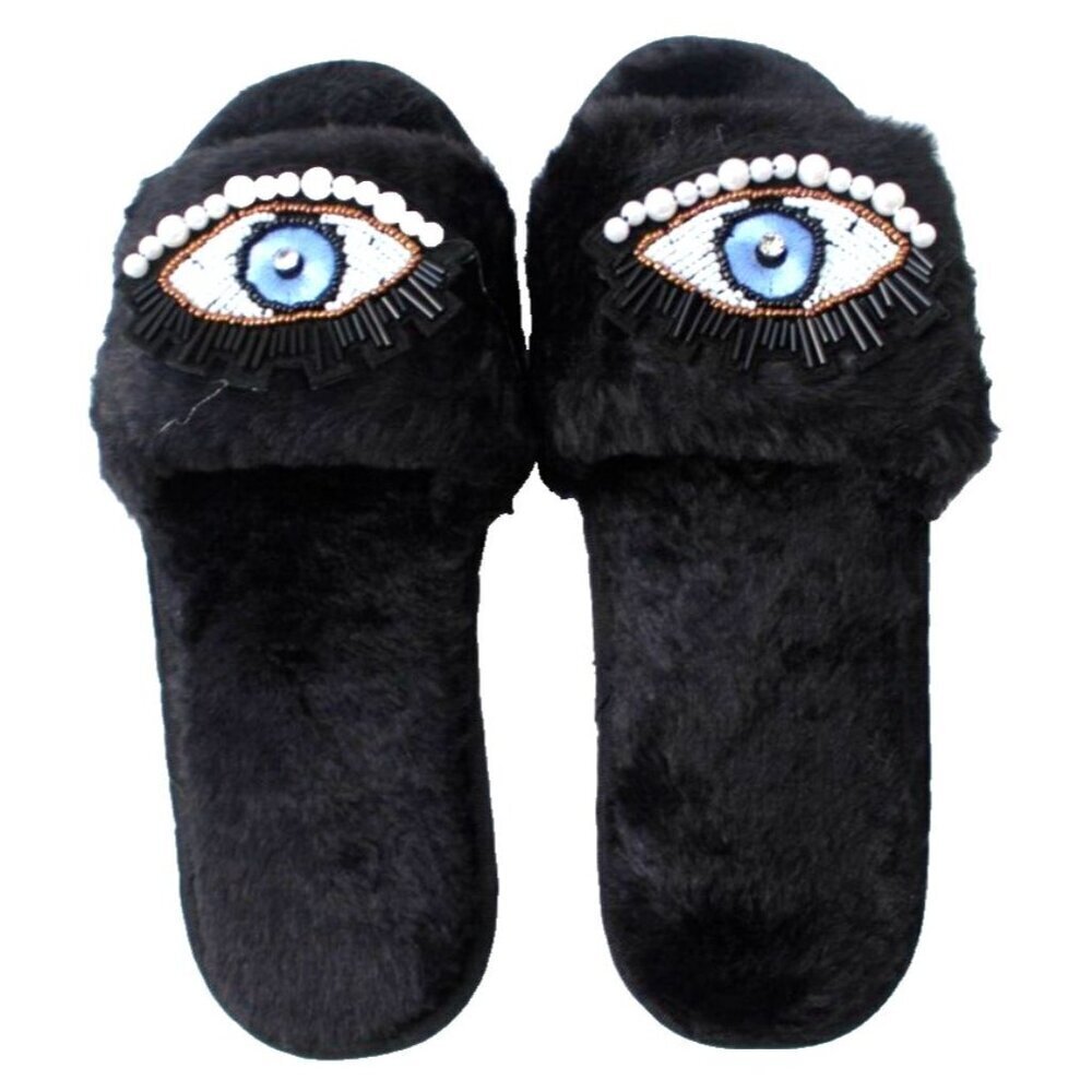 New Black Cozy Bedroom Beaded Evil Eye Furry Slippers W/ Rubber Sole Size 7.5.-8